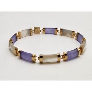 14K Solid Yellow Gold MOP & Lavender Natural Jade Link Bracelet 7.5" Inches